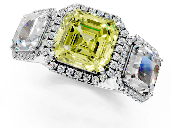 Silver Three-Stone Fancy Yellow Asscher Cut Halo Diamond Ring with Pave Band and Four-Prong Setting