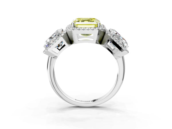 Silver Three-Stone Fancy Yellow Asscher Cut Halo Diamond Ring with Pave Band and Four-Prong Setting