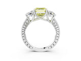 Silver Three-Stone Fancy Yellow Asscher  Diamond Milgrain Pave Band with Prong Setting 3