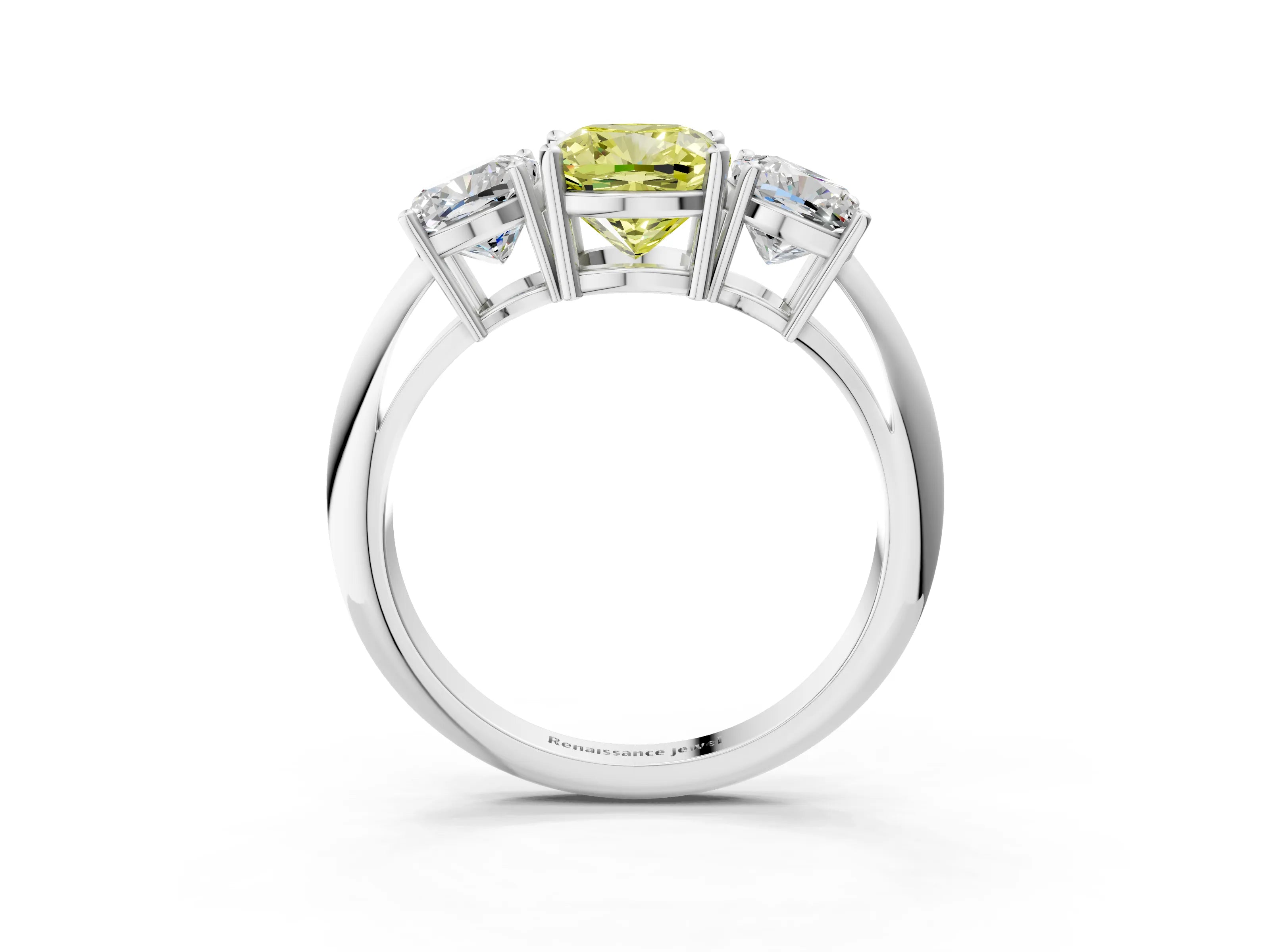 Silver Three-Stone Fancy Yellow Cushion Cut Cut Diamond Engagement Ring with Prong Setting on a White Gold Band_27