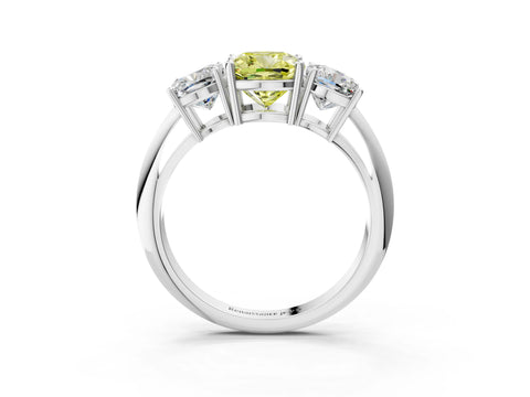 Silver Three-Stone Fancy Yellow Cushion Cut Cut Diamond Engagement Ring with Prong Setting on a White Gold Band_27