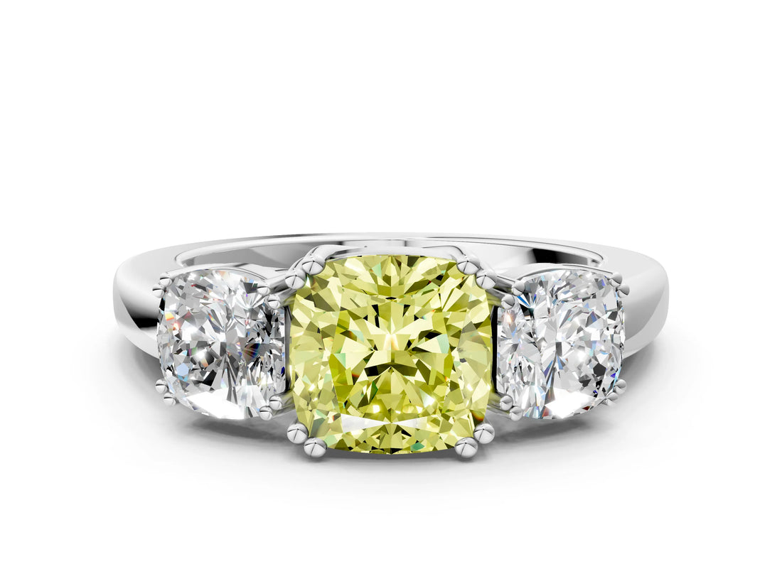 Silver Three-Stone Fancy Yellow Cushion Cut Cut Diamond Ring with Channel Set Band and Four-Prong Setting_30