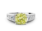 Silver Three-Stone Fancy Yellow Cushion Cut Cut Diamond Ring with Trillion Side Stones on a Split Shank Band_54