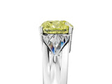 Silver Three-Stone Fancy Yellow Cushion Cut Cut Diamond Ring with Trillion Side Stones on a Split Shank Band_59