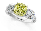 Silver Three-Stone Fancy Yellow Cushion Cut Cut Milgrain Band Prong Setting Ring_19