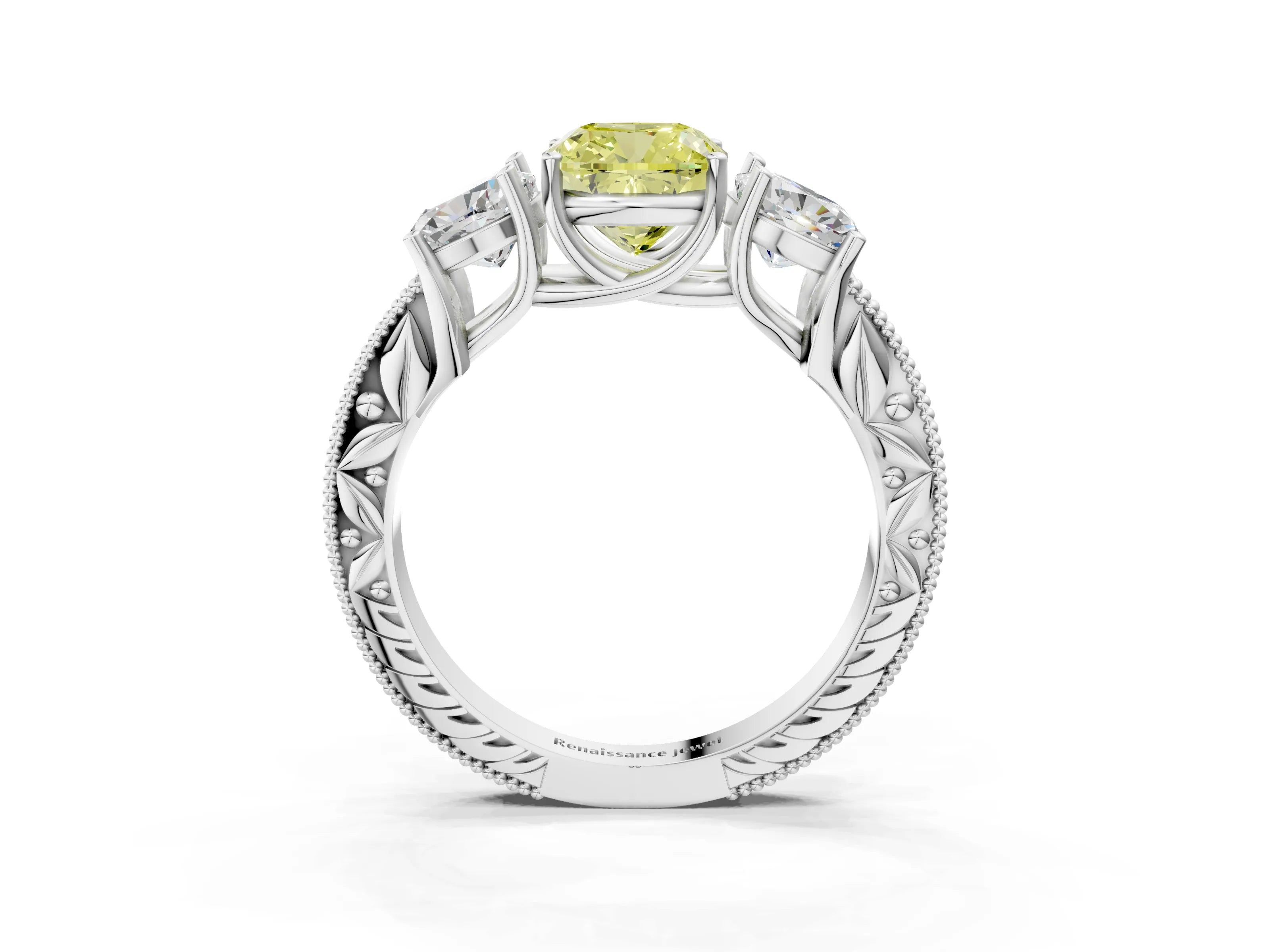 Silver Three-Stone Fancy Yellow Cushion Cut Cut Milgrain Pavé Engagement Ring_27