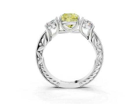 Silver Three-Stone Fancy Yellow Cushion Cut Cut Milgrain Pavé Engagement Ring_27