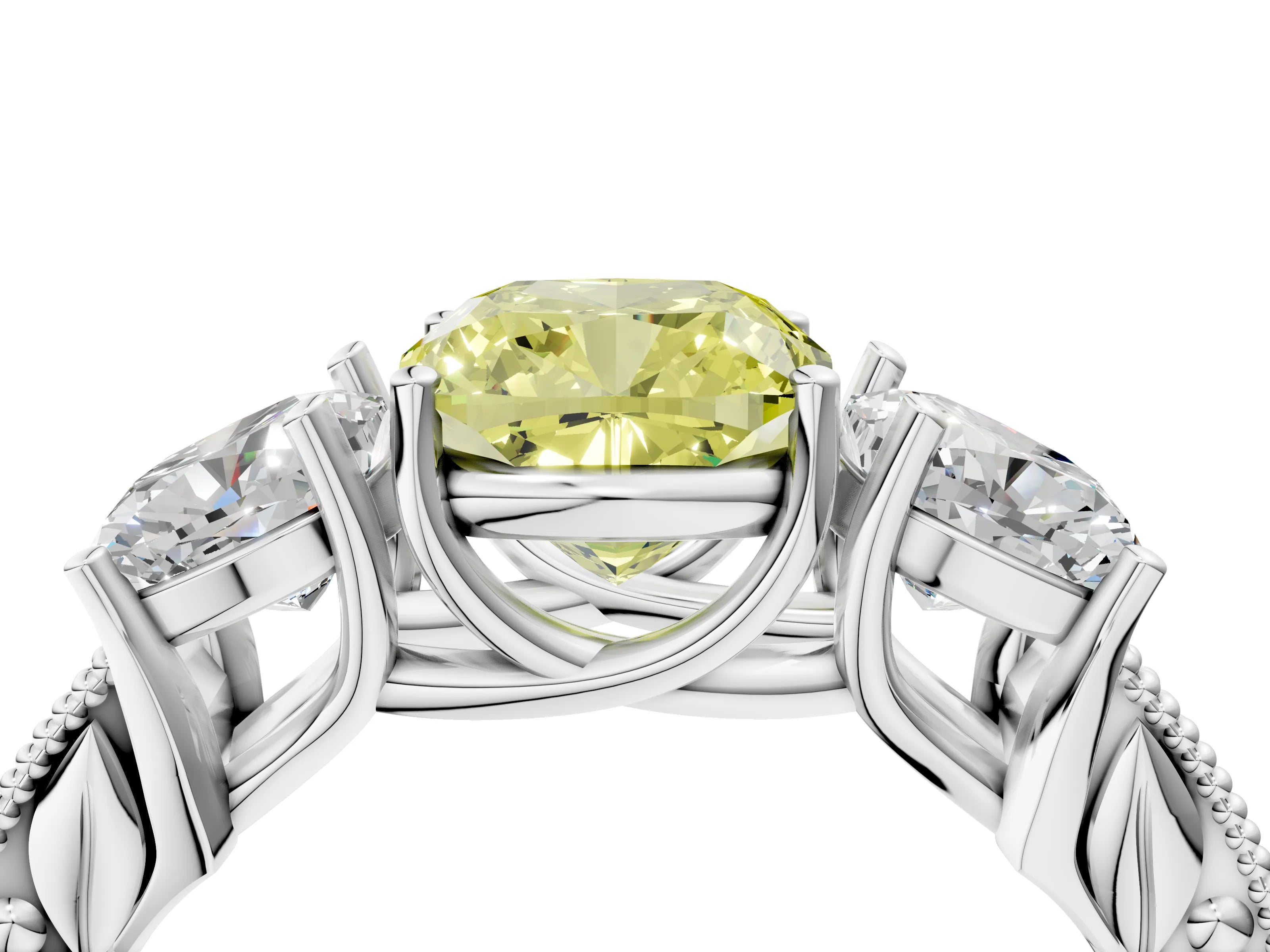 Silver Three-Stone Fancy Yellow Cushion Cut Cut Milgrain Pavé Engagement Ring_28