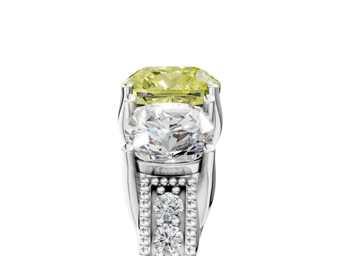 Silver Three-Stone Fancy Yellow Cushion Cut Cut Milgrain Pavé Engagement Ring_29