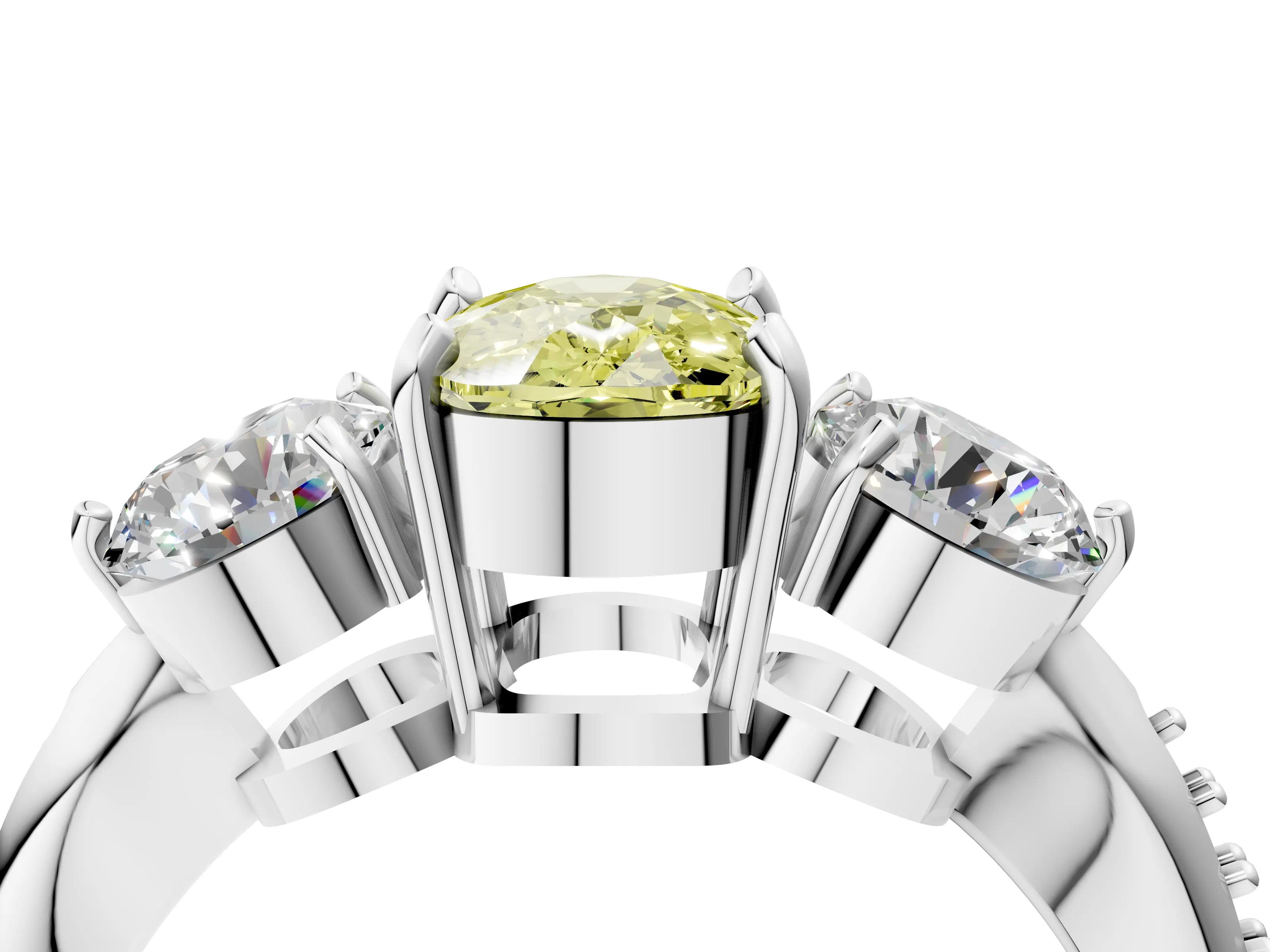 Silver Three-Stone Fancy Yellow Cushion Cut Diamond Channel Set Engagement Ring with Prong Setting_29