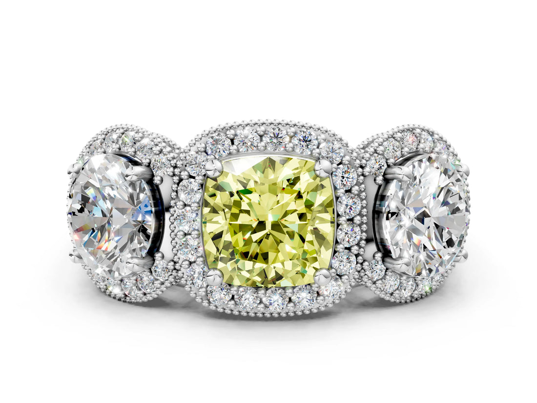 Silver Three-Stone Fancy Yellow Cushion Cut Halo Diamond Milgrain Band with Four-Prong Setting_6