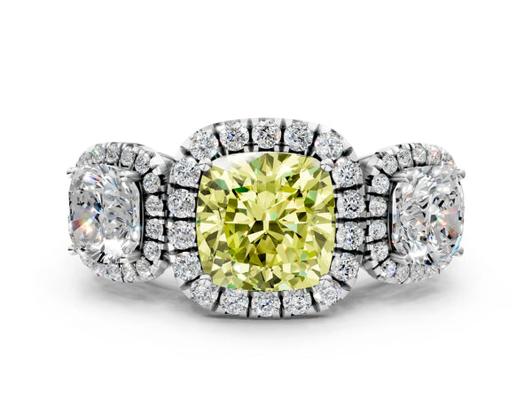 Silver Three-Stone Fancy Yellow Cushion Cut Halo Diamond Ring with Pave Band and Four-Prong Setting