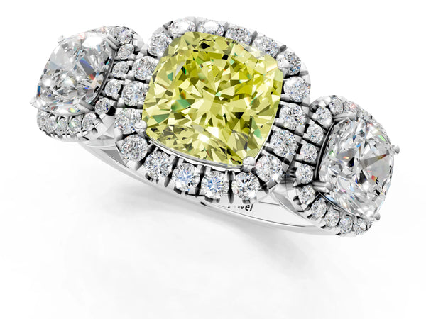 Silver Three-Stone Fancy Yellow Cushion Cut Halo Diamond Ring with Pave Band and Four-Prong Setting
