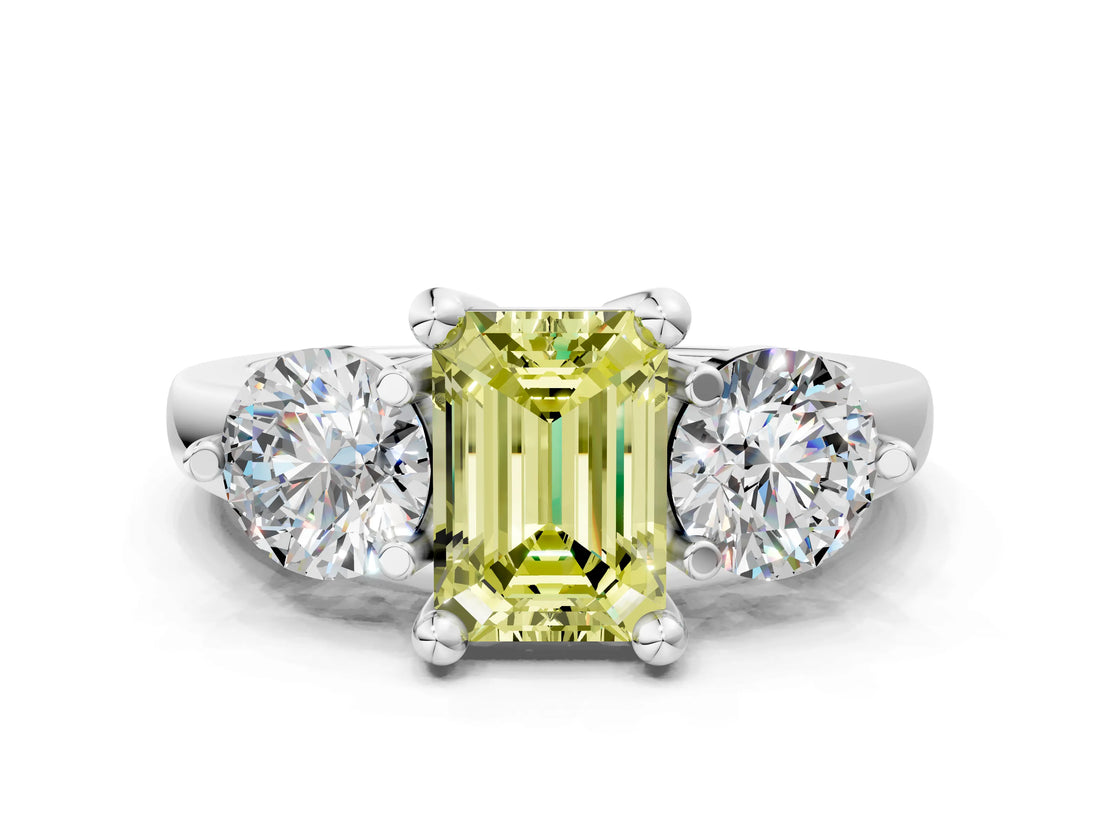 Silver Three-Stone Fancy Yellow Emerald  Brilliant Cut Solitaire Ring with Prong Setting on a Classic Band 1