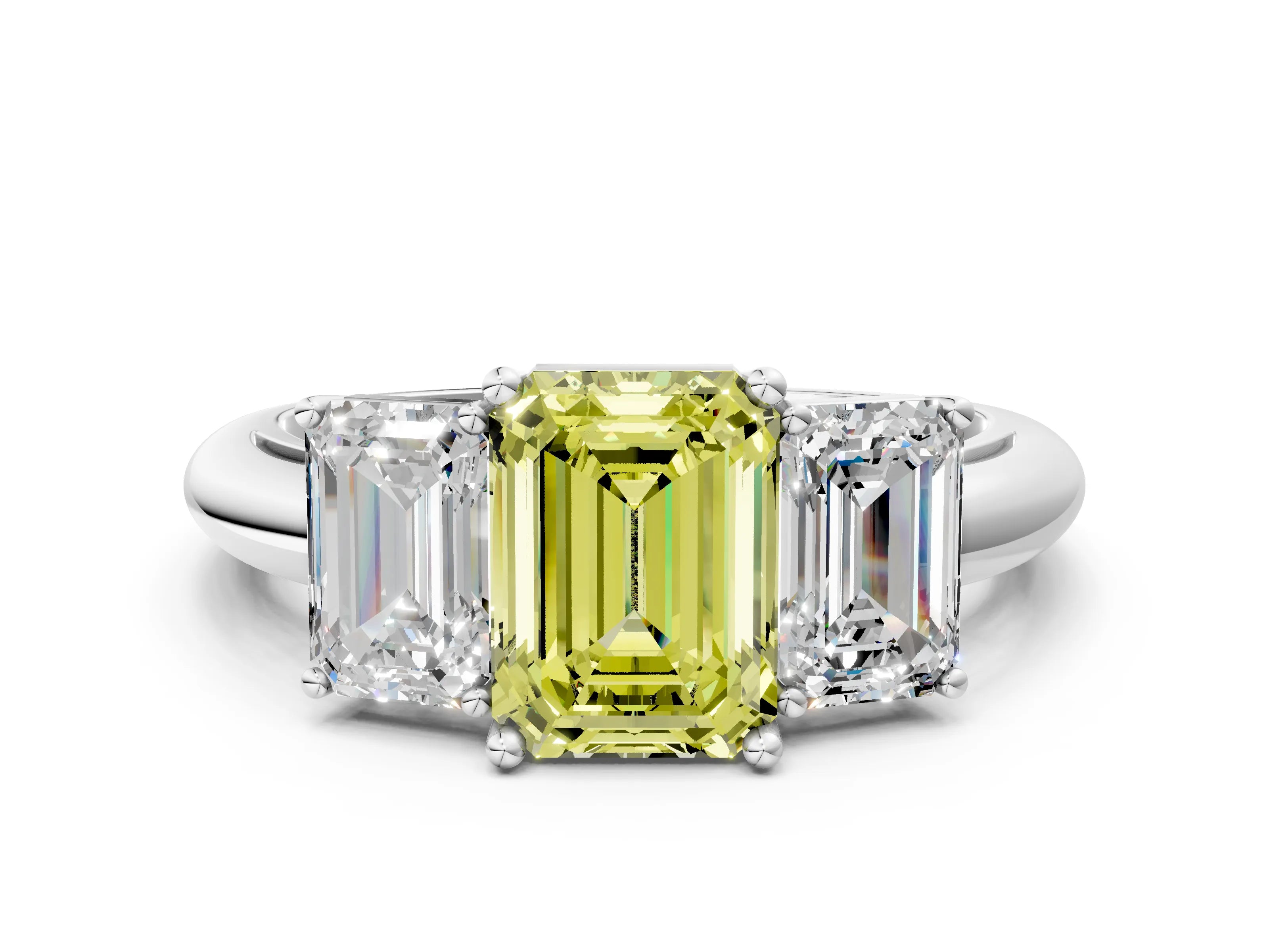 Silver Three-Stone Fancy Yellow Emerald Cut Cut Diamond Engagement Ring with Prong Setting on a White Gold Band_42