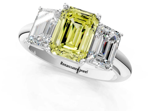 Silver Three-Stone Fancy Yellow Emerald Cut Cut Diamond Engagement Ring with Prong Setting on a White Gold Band_43
