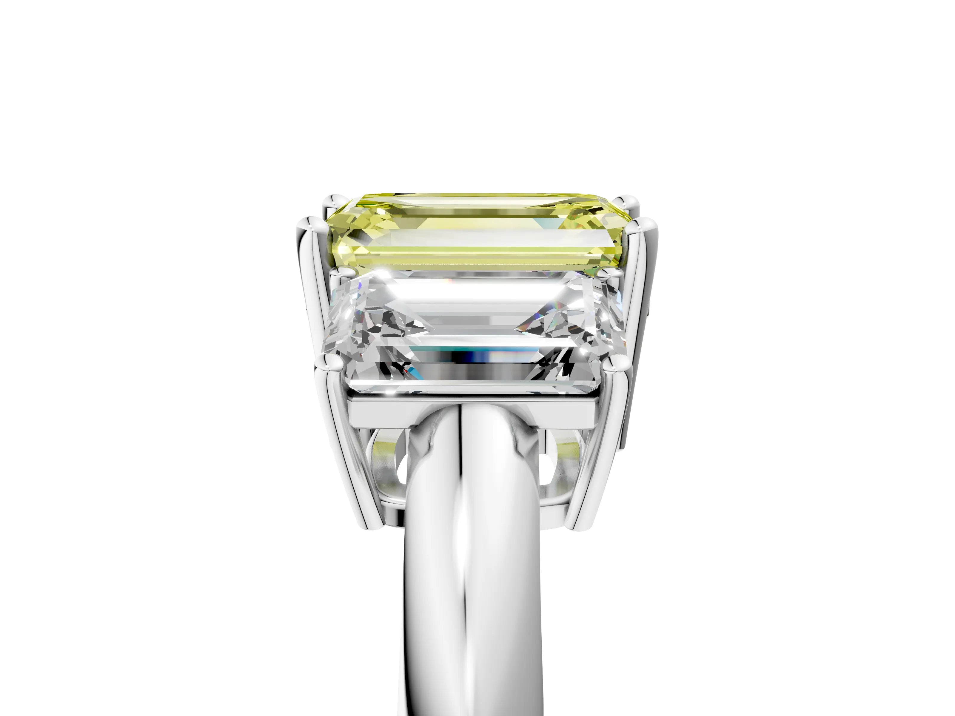Silver Three-Stone Fancy Yellow Emerald Cut Cut Diamond Engagement Ring with Prong Setting on a White Gold Band_47
