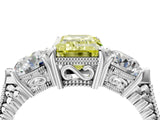 Silver Three-Stone Fancy Yellow Emerald Cut Cut Milgrain Band Prong Setting Ring_10