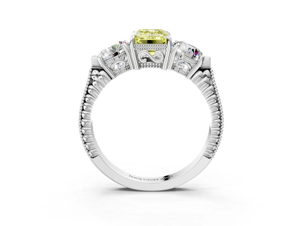 Sterling Silver Emerald Cut Vintage Three Stone Engagement Ring Setting for Fancy Yellow Center