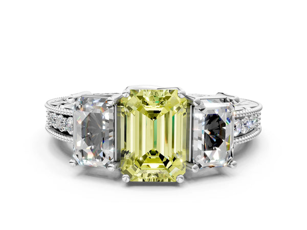 Sterling Silver Emerald Cut Engraved Three Stone Engagement Ring Setting for Fancy Yellow Center