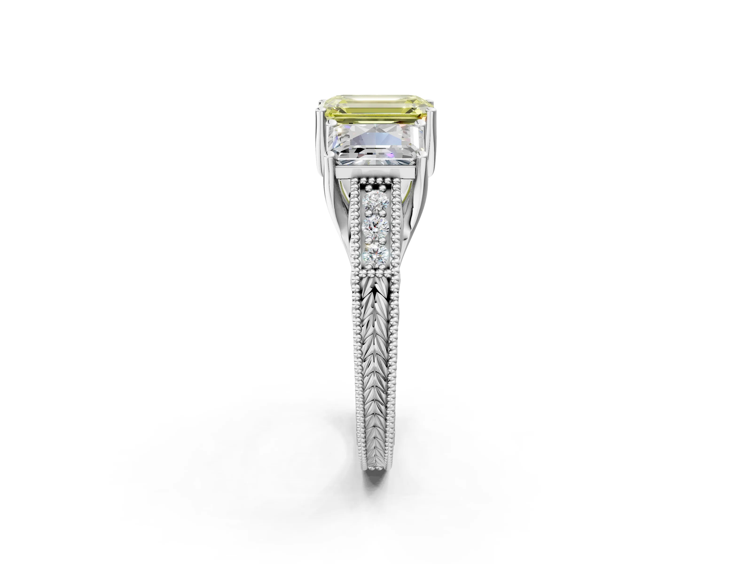 Silver Three-Stone Fancy Yellow Emerald Cut Cut Milgrain Pavé Engagement Ring_68