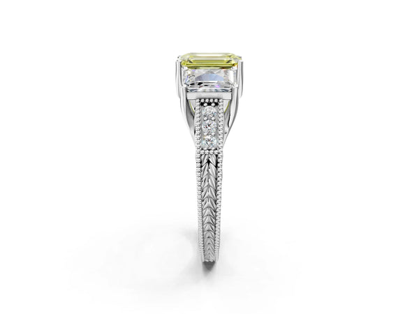 Sterling Silver Emerald Cut Engraved Three Stone Engagement Ring Setting for Fancy Yellow Center