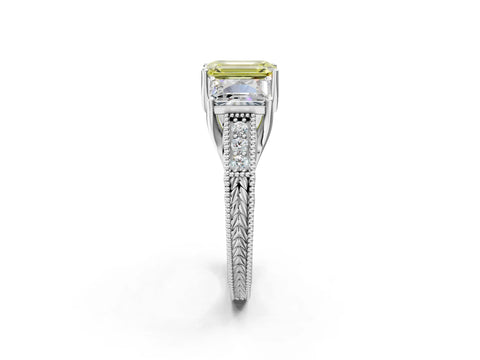 Silver Three-Stone Fancy Yellow Emerald Cut Cut Milgrain Pavé Engagement Ring_68
