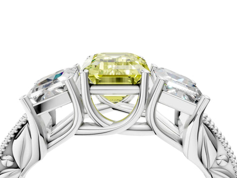 Silver Three-Stone Fancy Yellow Emerald Cut Cut Milgrain Pavé Engagement Ring_70