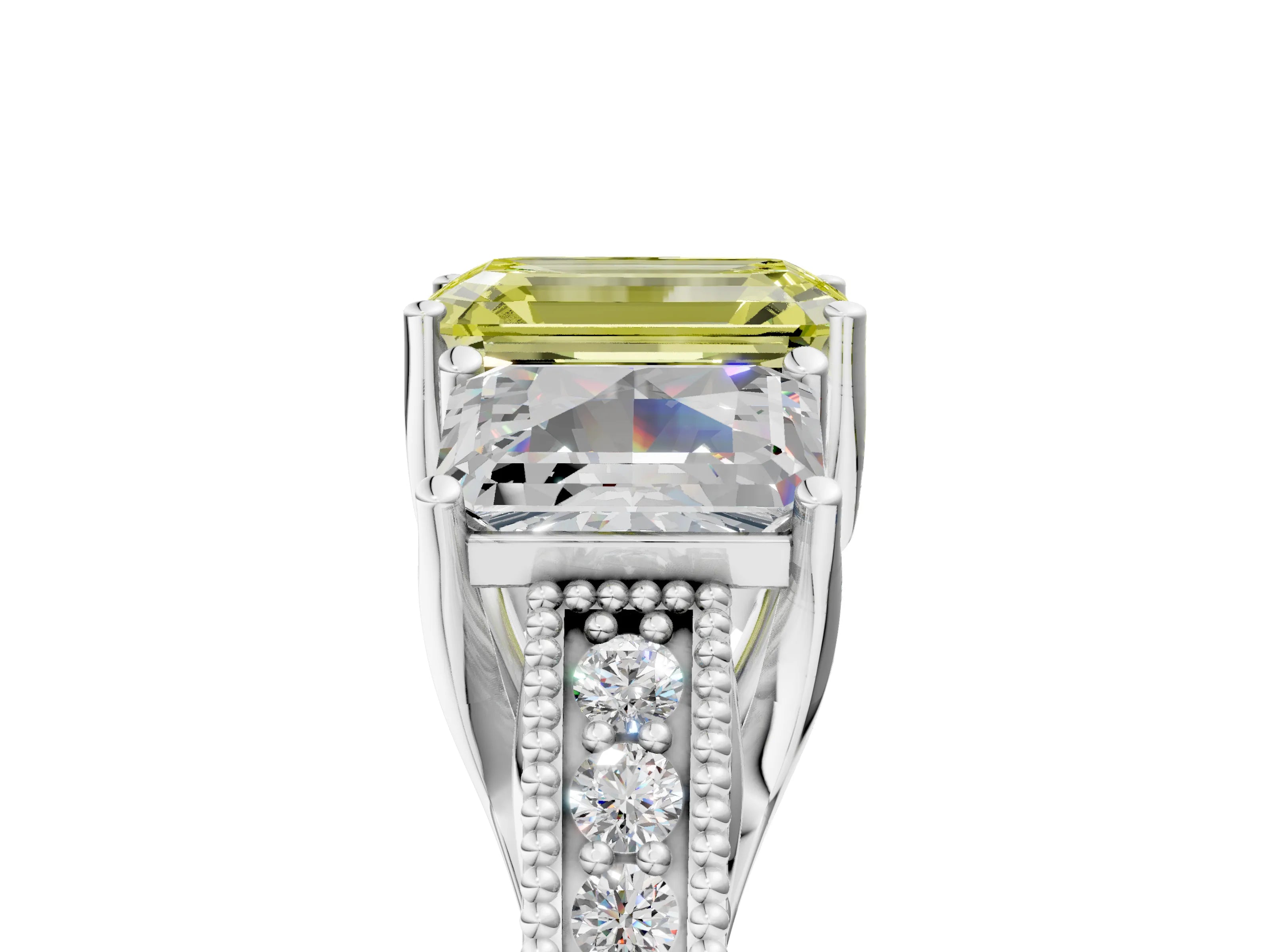 Silver Three-Stone Fancy Yellow Emerald Cut Cut Milgrain Pavé Engagement Ring_71