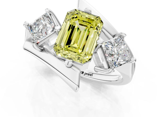 Silver Three-Stone Fancy Yellow Emerald Cut Cut Tension Band Ring with Four-Prong Setting