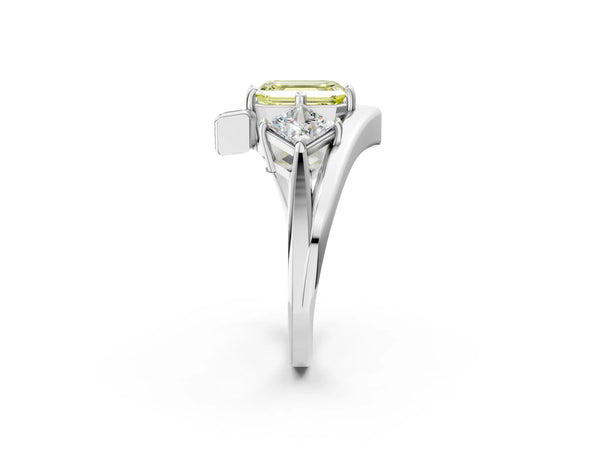 Silver Three-Stone Fancy Yellow Emerald Cut Cut Tension Band Ring with Four-Prong Setting