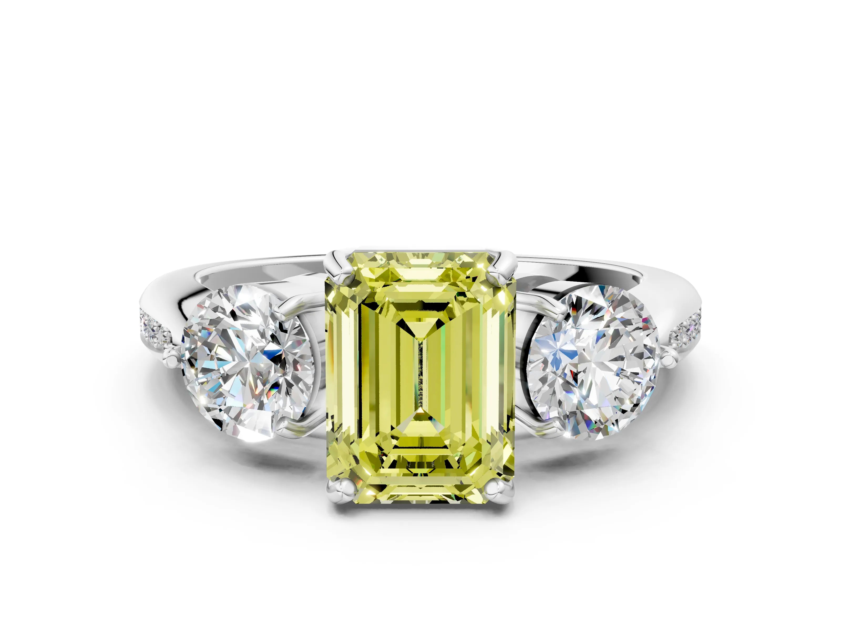 Silver Three-Stone Fancy Yellow Emerald Cut Diamond Channel Set Engagement Ring with Prong Setting_19