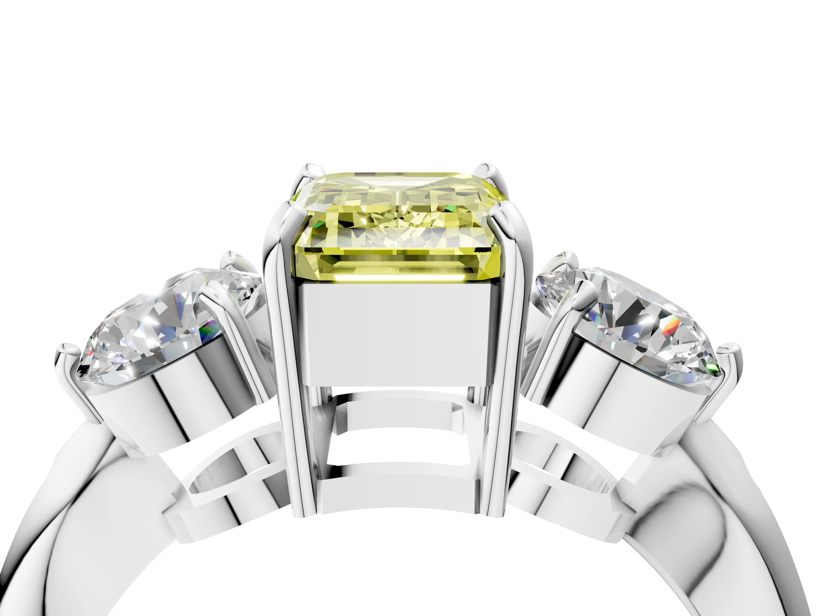 Silver Three-Stone Fancy Yellow Emerald Cut Diamond Channel Set Engagement Ring with Prong Setting_23