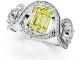 Silver Three-Stone Fancy Yellow Emerald Cut Diamond Wave Pave Band with Prong Setting_7