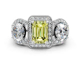 Silver Three-Stone Fancy Yellow Emerald Cut Halo Diamond Milgrain Band with Four-Prong Setting_36