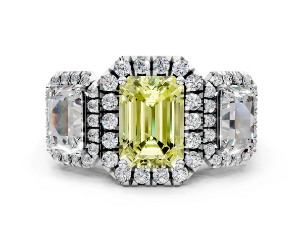 Silver Three-Stone Fancy Yellow Emerald Cut Halo Diamond Ring with Pave Band and Four-Prong Setting