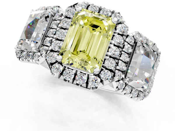 Silver Three-Stone Fancy Yellow Emerald Cut Halo Diamond Ring with Pave Band and Four-Prong Setting