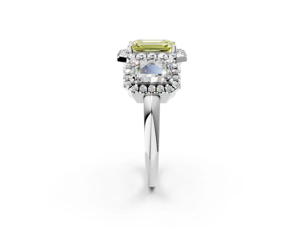 Silver Three-Stone Fancy Yellow Emerald Cut Halo Diamond Ring with Pave Band and Four-Prong Setting