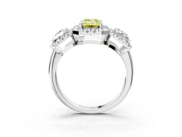 Silver Three-Stone Fancy Yellow Emerald Cut Halo Diamond Ring with Pave Band and Four-Prong Setting
