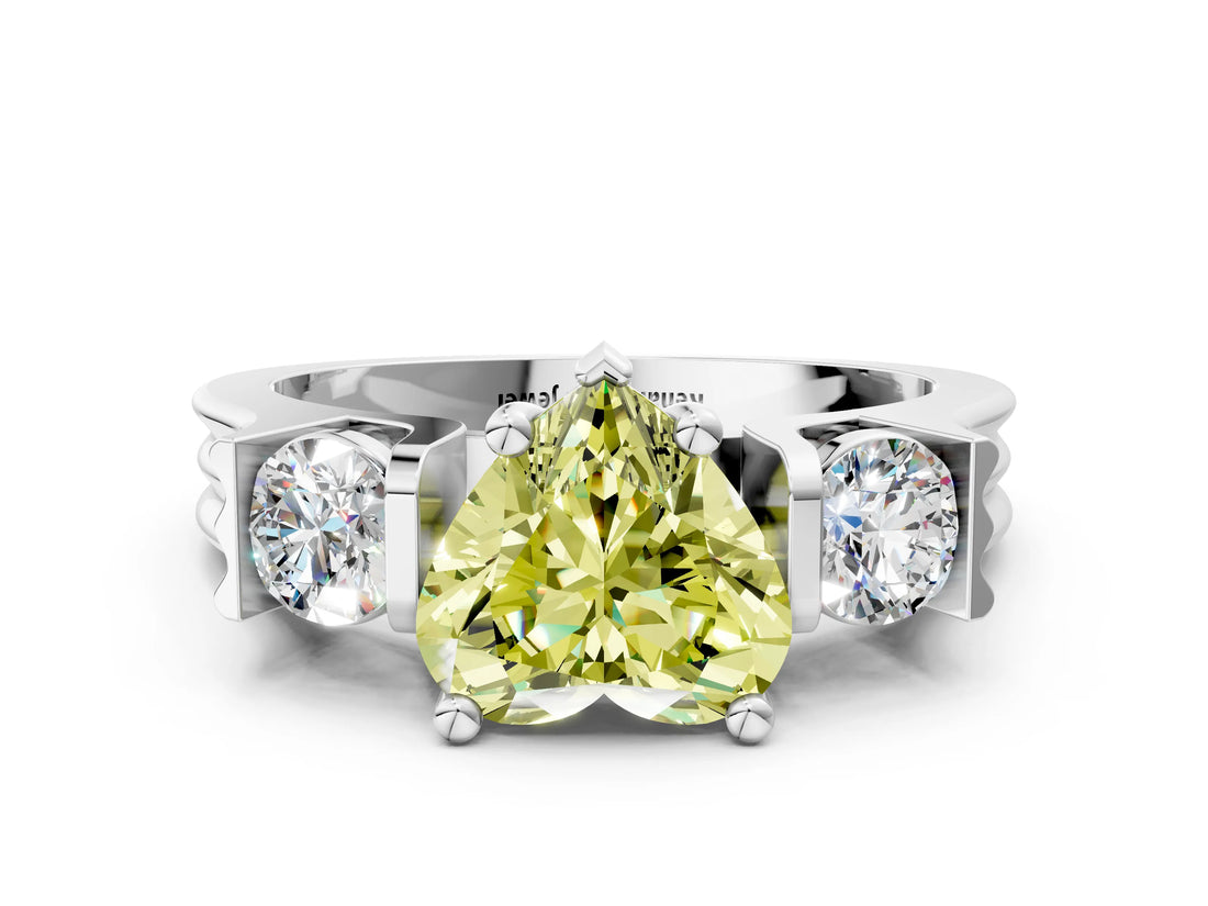 Silver Three-Stone Fancy Yellow Heart Cut Cut Classic Band Prong Setting Ring_12