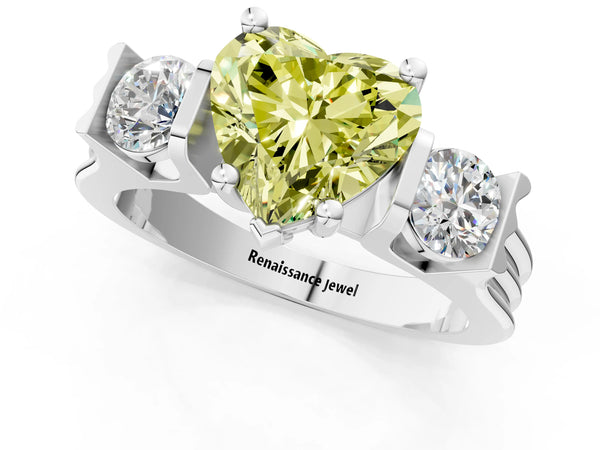 Silver Three-Stone Fancy Yellow Heart Cut Classic Band Prong Setting Ring