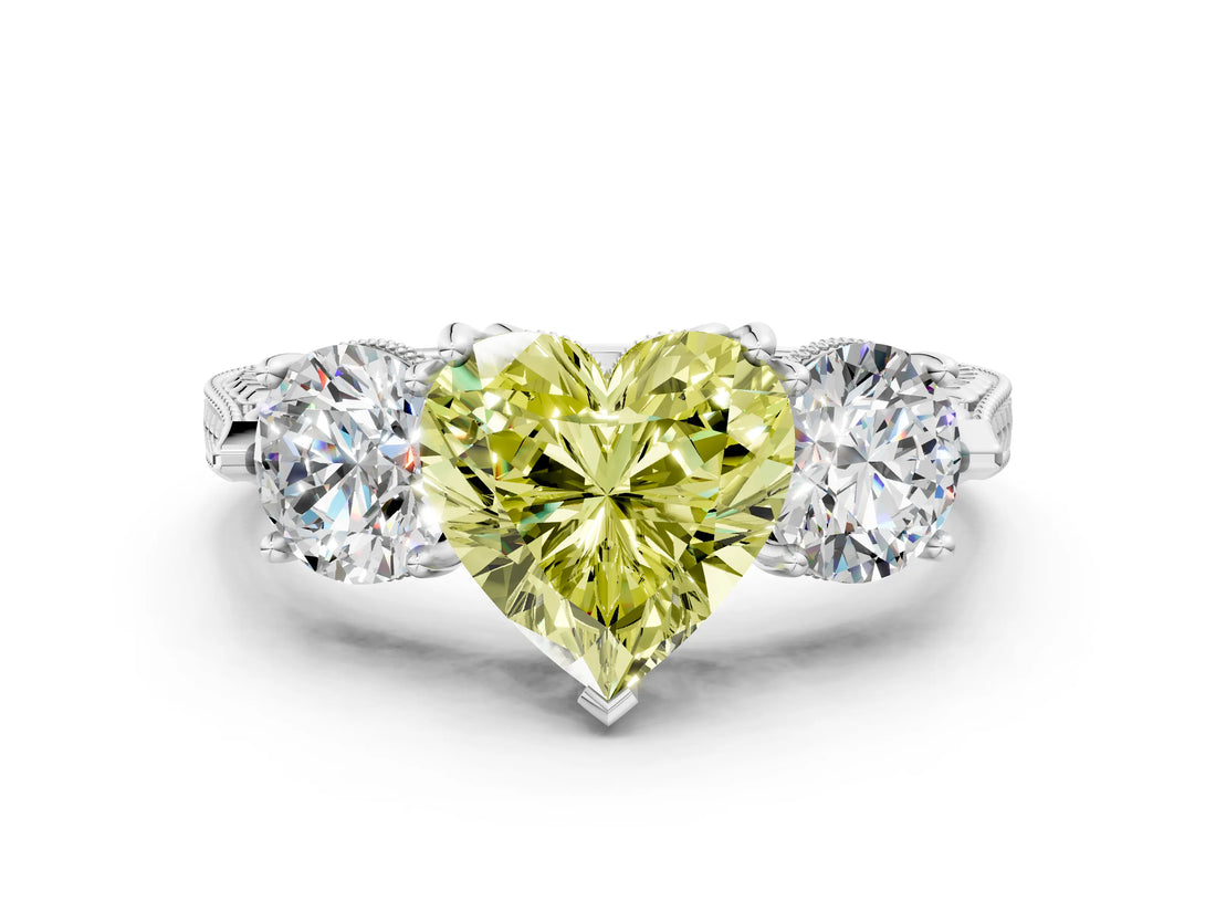 Silver Three-Stone Fancy Yellow Heart Cut Cut Milgrain Band Prong Setting Ring_78