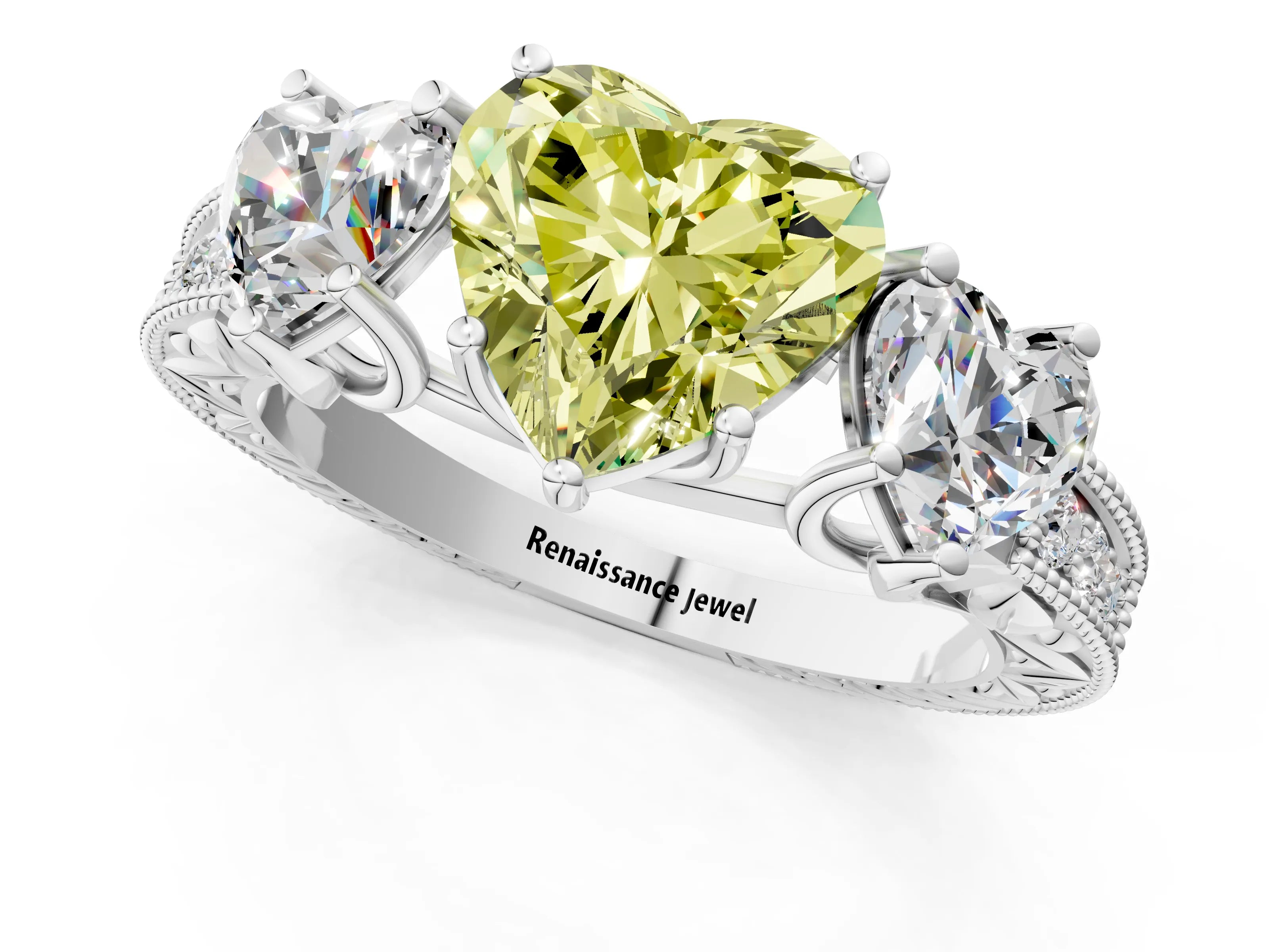 Silver Three-Stone Fancy Yellow Heart Cut Cut Milgrain Pavé Engagement Ring_19