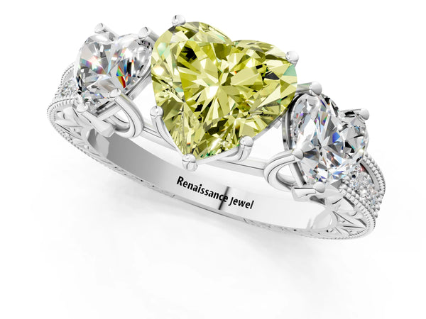 Sterling Silver Heart-Shaped Engraved Three Stone Engagement Ring Setting for Fancy Yellow Center