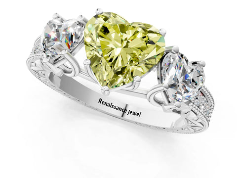 Silver Three-Stone Fancy Yellow Heart Cut Cut Milgrain Pavé Engagement Ring_19