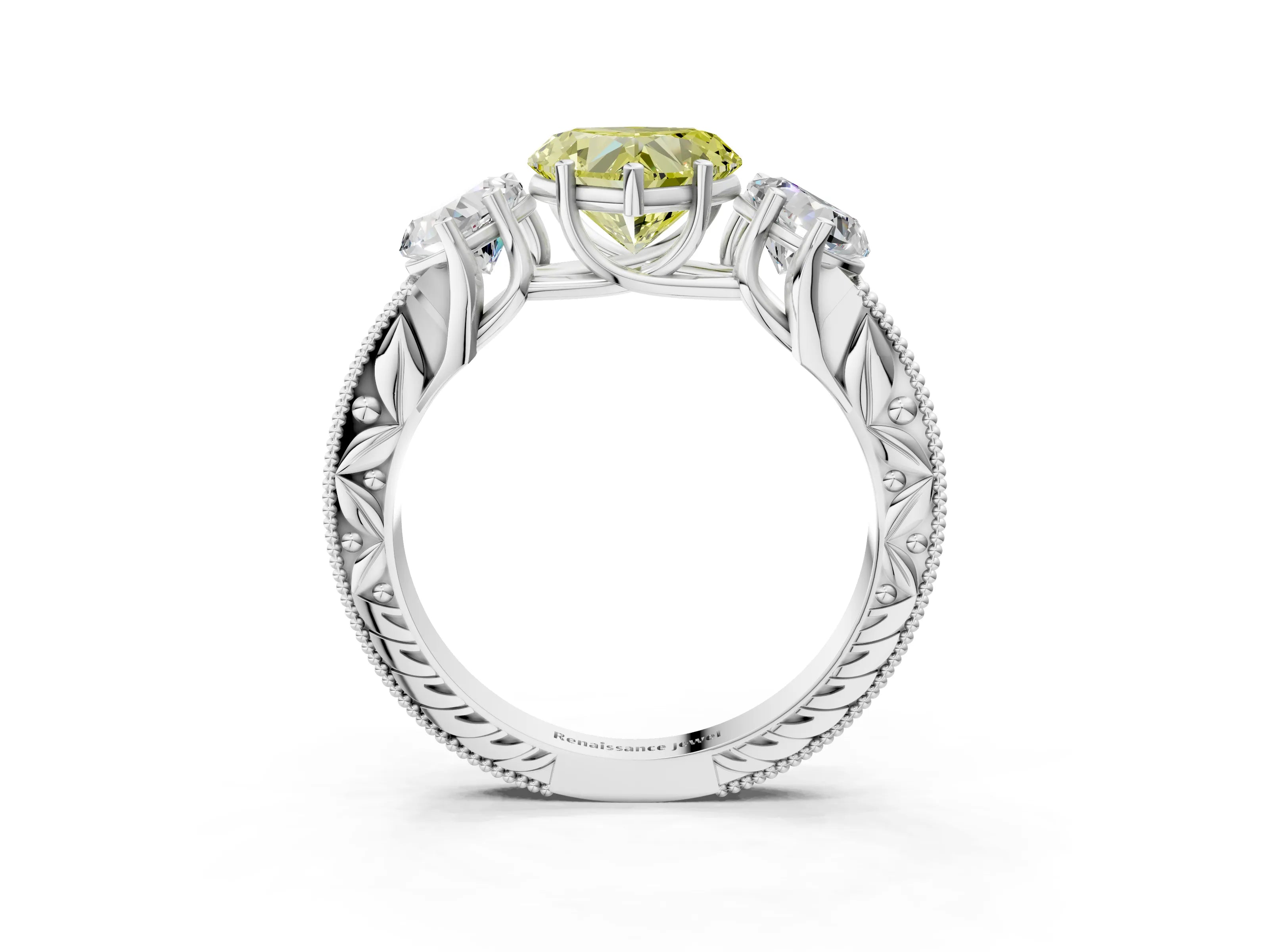 Silver Three-Stone Fancy Yellow Heart Cut Cut Milgrain Pavé Engagement Ring_21