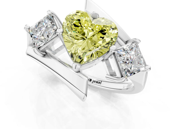 Silver Three-Stone Fancy Yellow Heart Cut Cut Tension Band Ring with Four-Prong Setting
