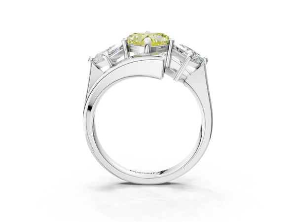 Silver Three-Stone Fancy Yellow Heart Cut Cut Tension Band Ring with Four-Prong Setting
