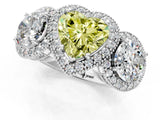 Silver Three-Stone Fancy Yellow Heart Cut Halo Diamond Milgrain Band with Four-Prong Setting_13