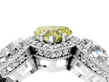 Silver Three-Stone Fancy Yellow Heart Cut Halo Diamond Milgrain Band with Four-Prong Setting_16